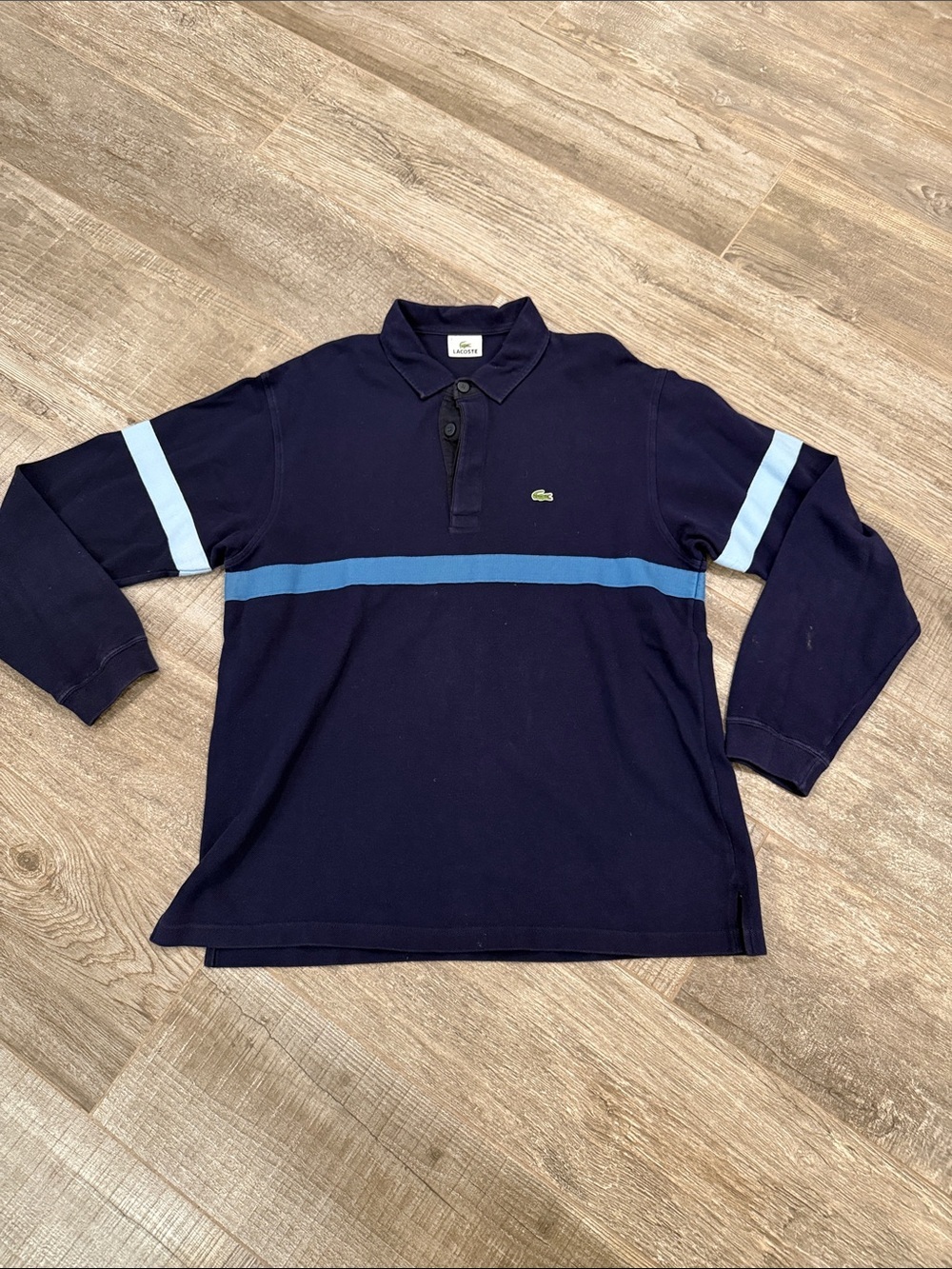 Lacoste Navy Polo Shirt with Light Blue Stripes size large